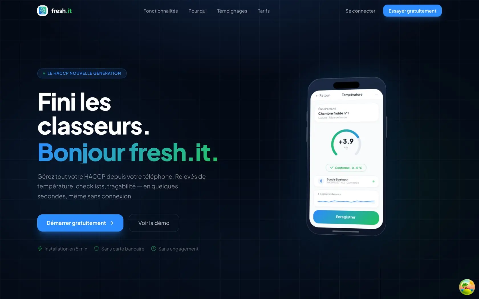 Page d'accueil de l'application Freshit, HACCP digitalisé