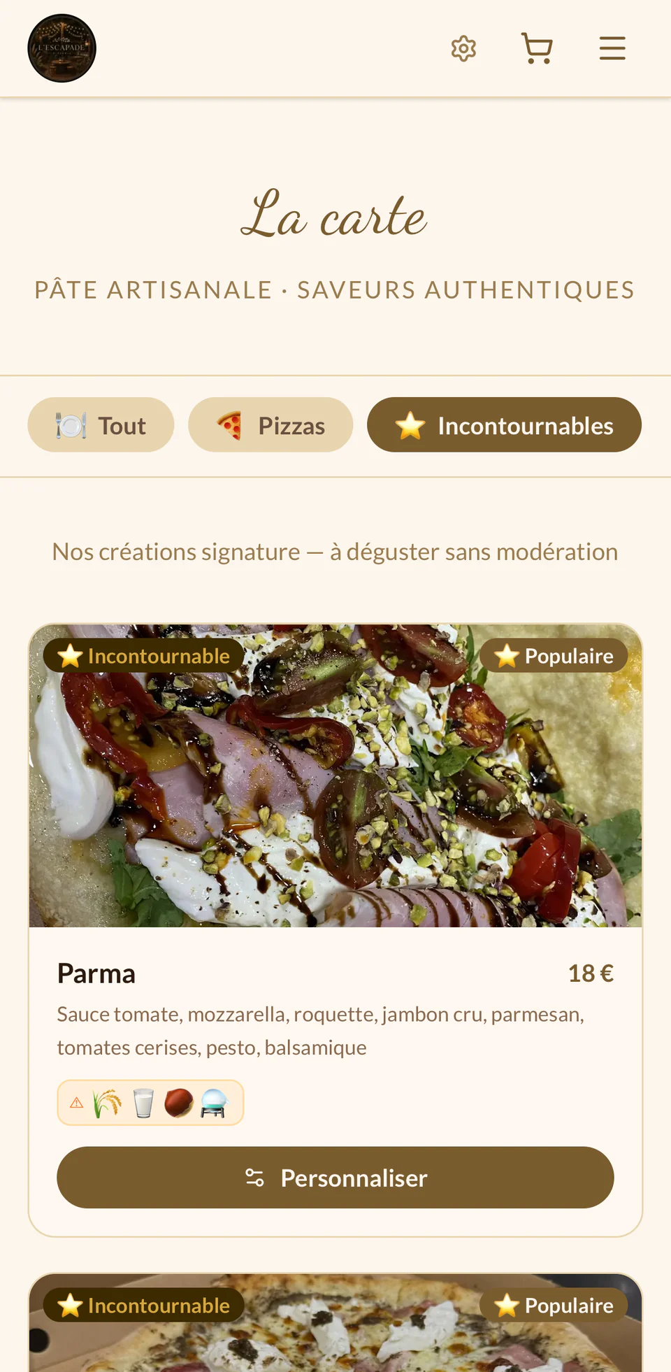 La carte filtrée sur les incontournables : Parma, Truffe, Jambon Burrata