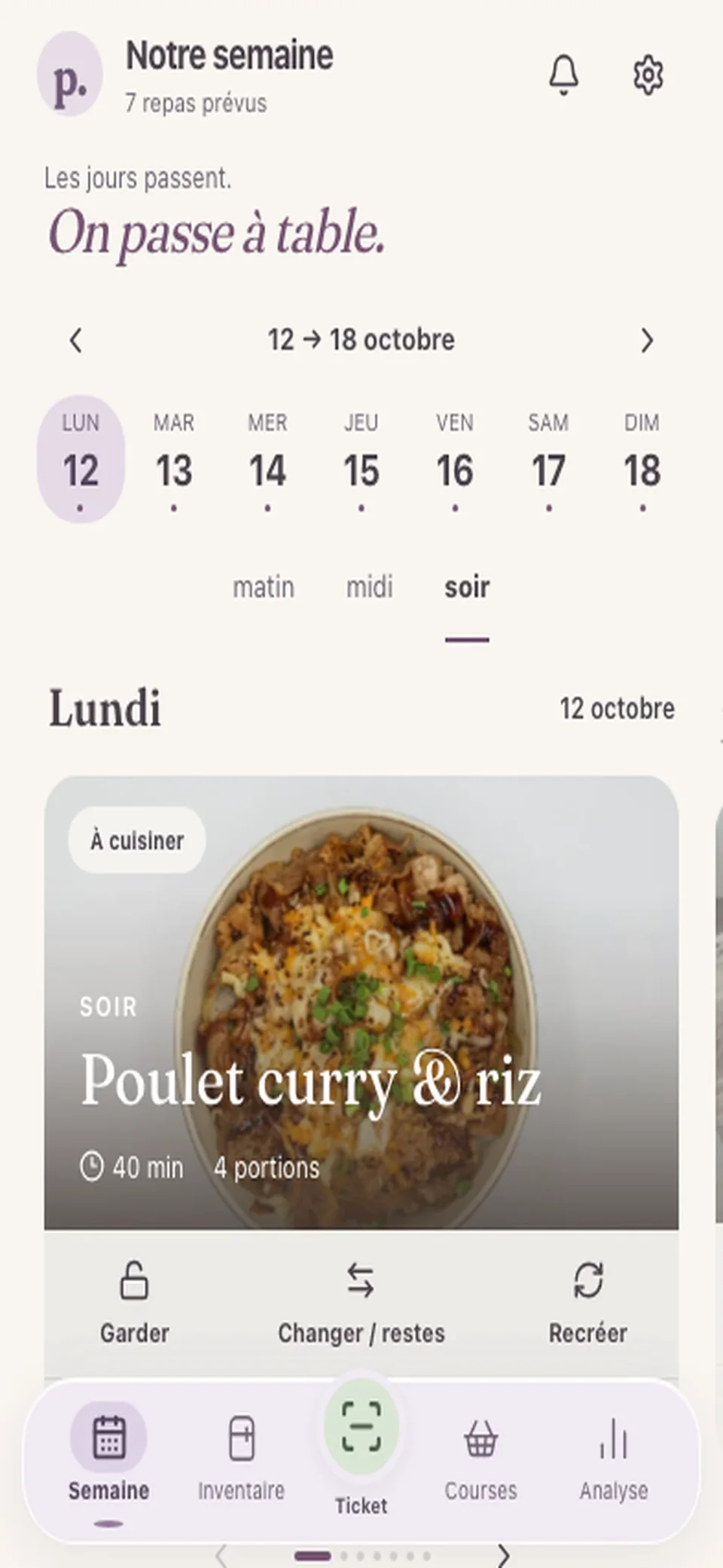 Popote en fonctionnement : choix des jours de la semaine, puis fiche d’un repas et ses ingrédients